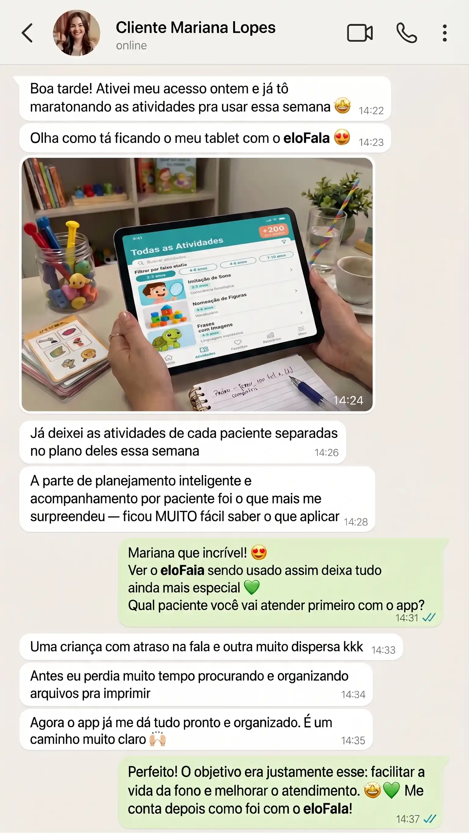 Conversa real de fonoaudióloga pelo WhatsApp
